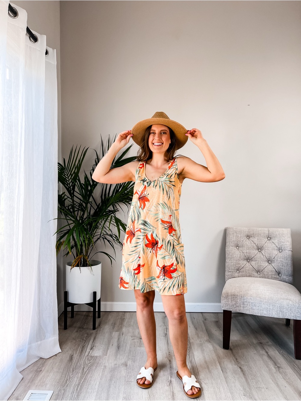 Sleeveless Floral Mini Dress in Beige and Coral